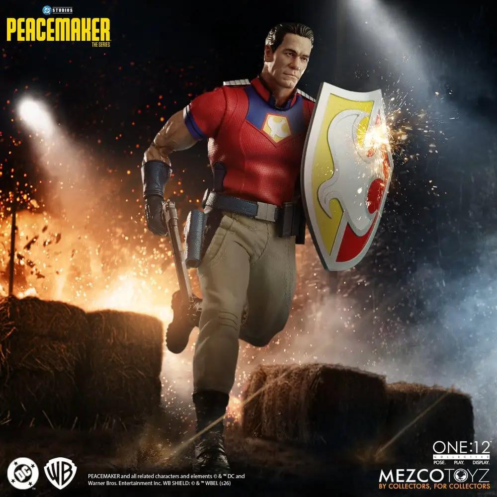 DC Comics One:12 Peacemaker action figure by Mezco Toys, red suit with shield.