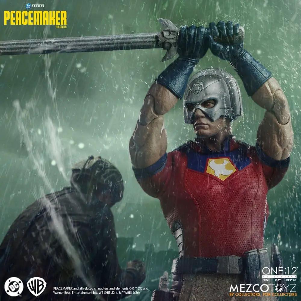 Peacemaker action figure, 1/12 scale, 17 cm tall, by MEZCO TOYS; red suit with silver helmet, sword raised.