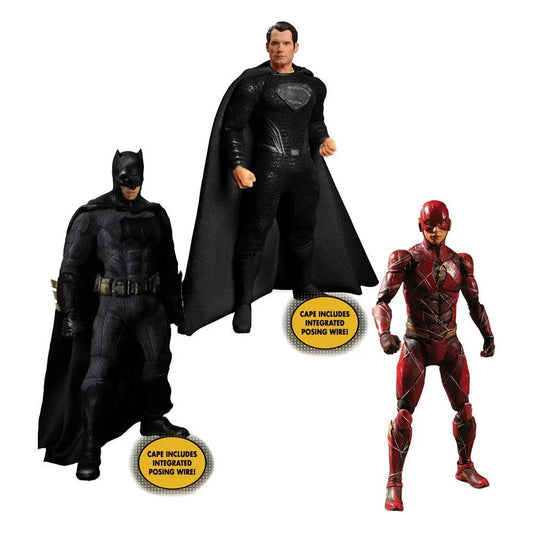 Figuras MEZCO TOYS 1/12 Justice League Box Set: Batman, Superman y Flash, 3 figuras, 15–17 cm, capa con alambre