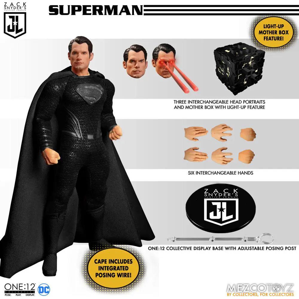 Zack Snyder's Justice League Superman 1/12 deluxe Mezco Toyz figure with black-suited look and six hands.