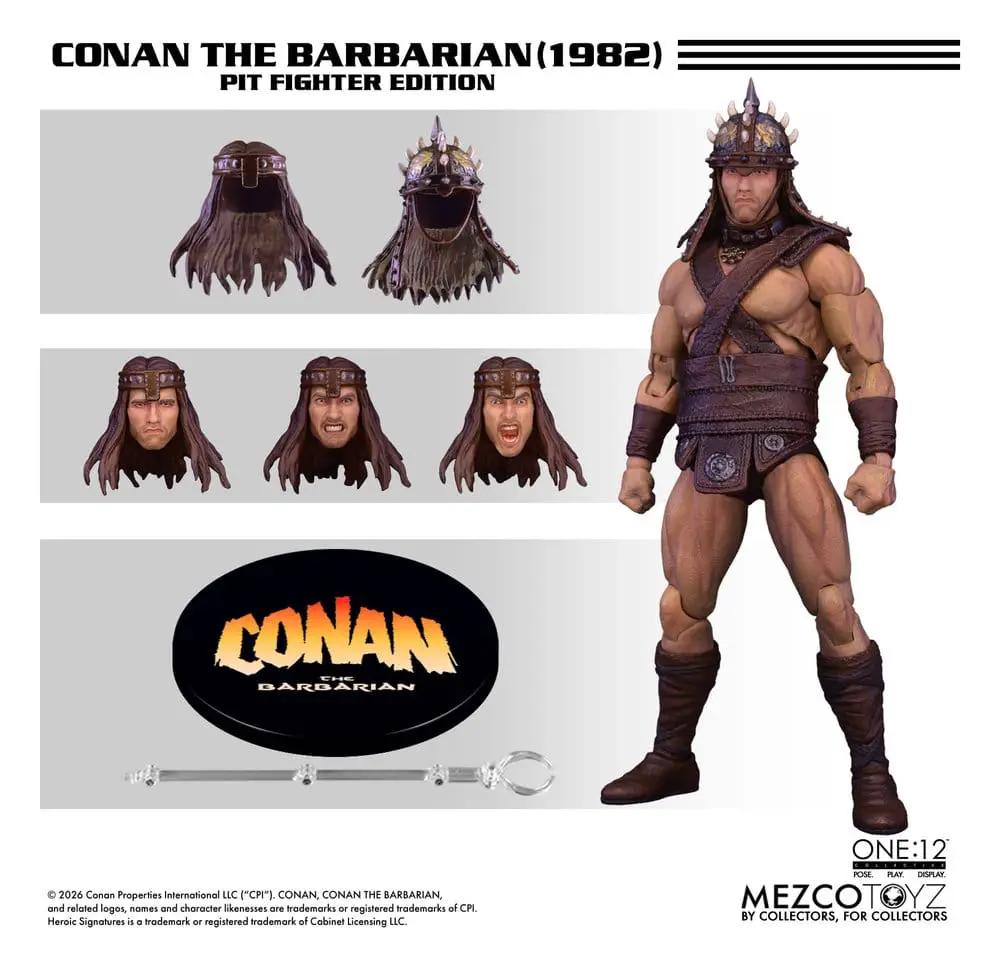 Conan the Barbarian One:12 Pit Fighter Edition action figure by Mezco Toys with interchangeable heads.