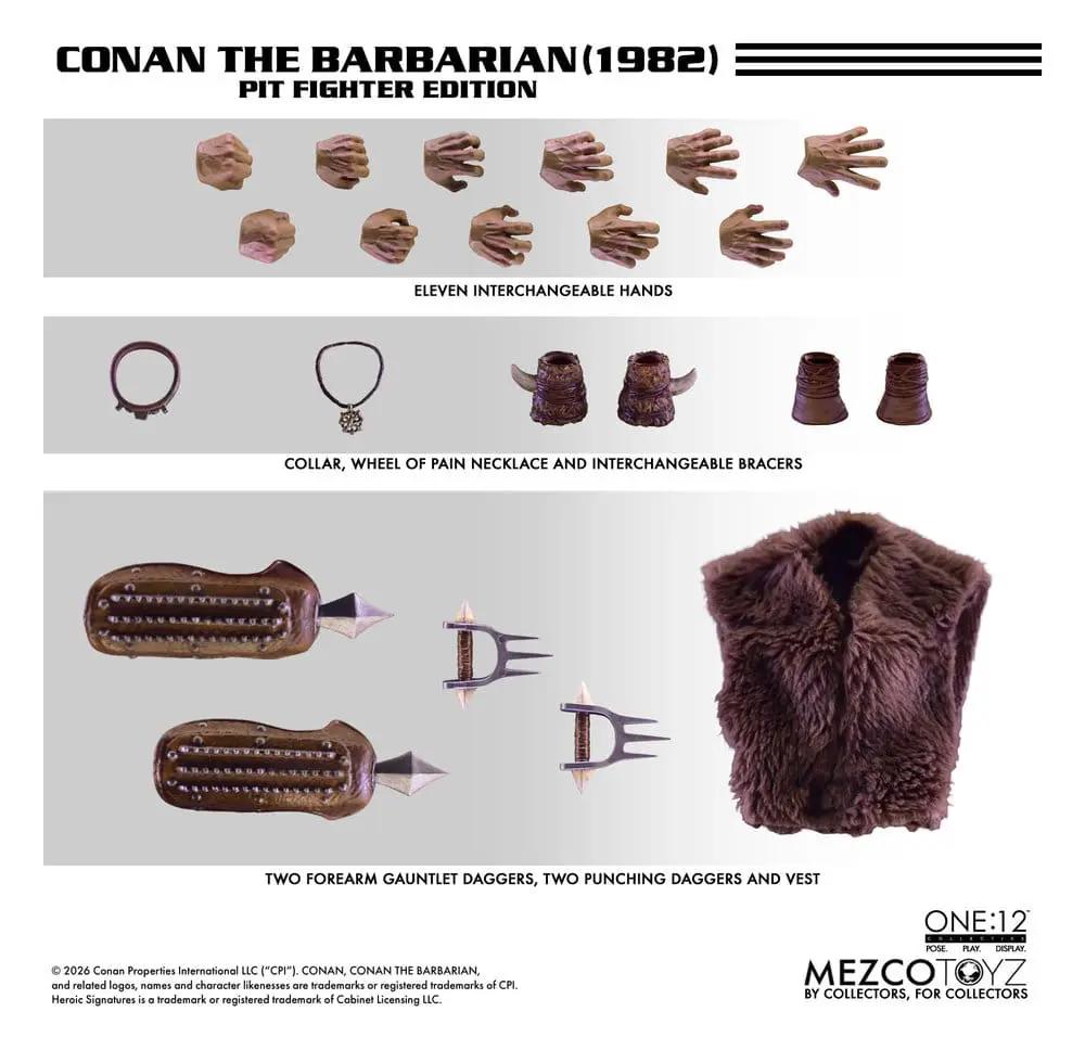 Mezco Toys One:12 Conan Pit Fighter Edition accessories: 11 hands, wheel-of-pain necklace, bracers, daggers, fur vest