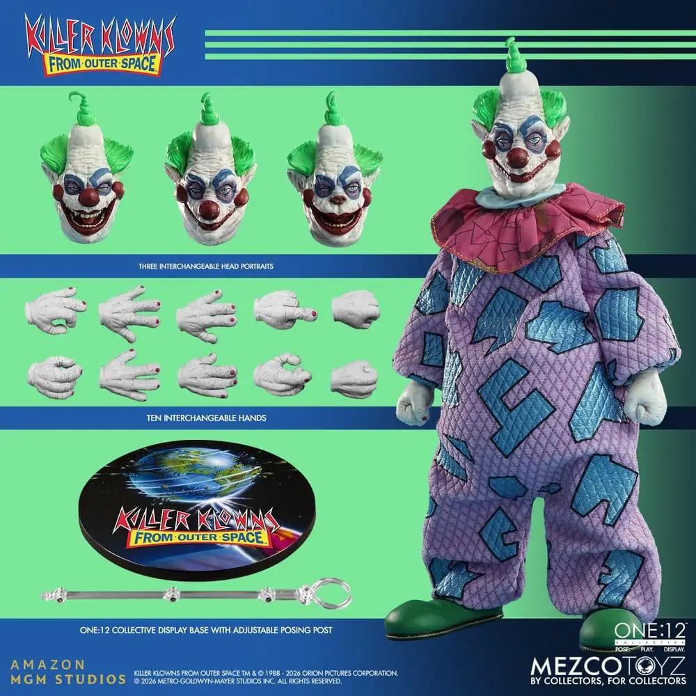 Killer Klowns From Outer Space One:12 Jumbo 17 cm action figure by MEZCO TOYS with 3 heads, 10 hands, and display base.