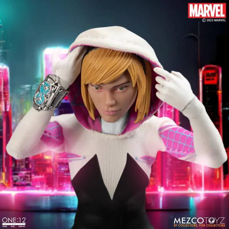 Figura de acción Marvel Ghost-Spider Earth-65 1/12, 16 cm, de MEZCO TOYS, traje blanco y rosa