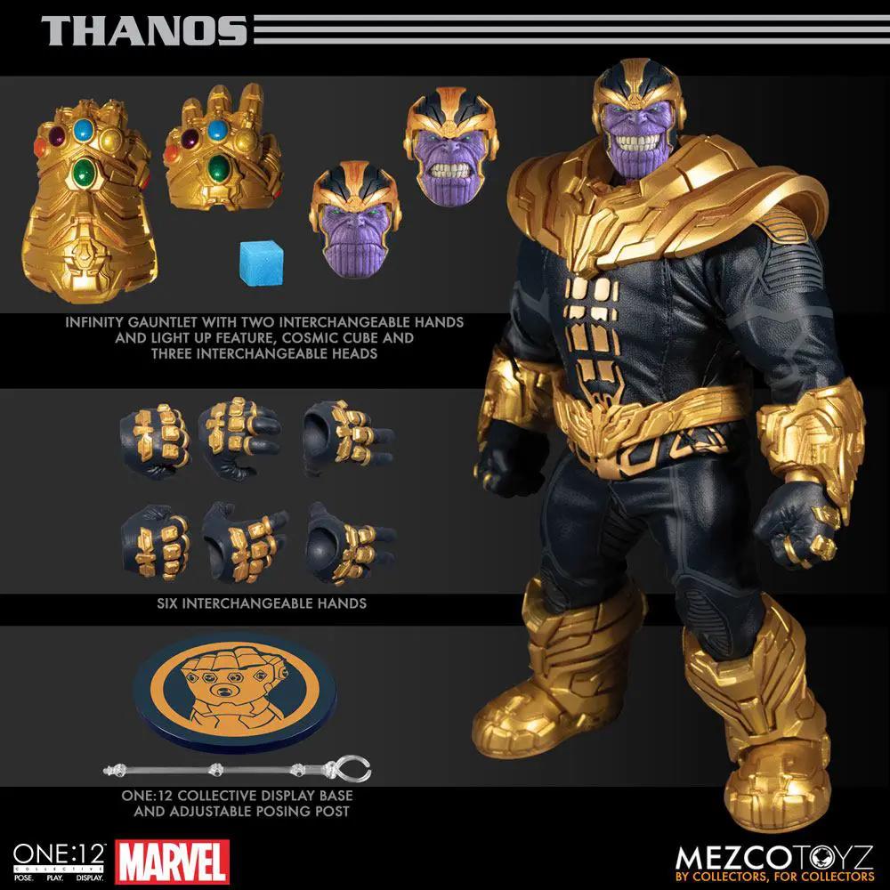 Figura de acción Thanos 1/12 con luz, 21 cm, Mezco Toyz; incluye Guantelete del Infinito y manos intercambiables, base