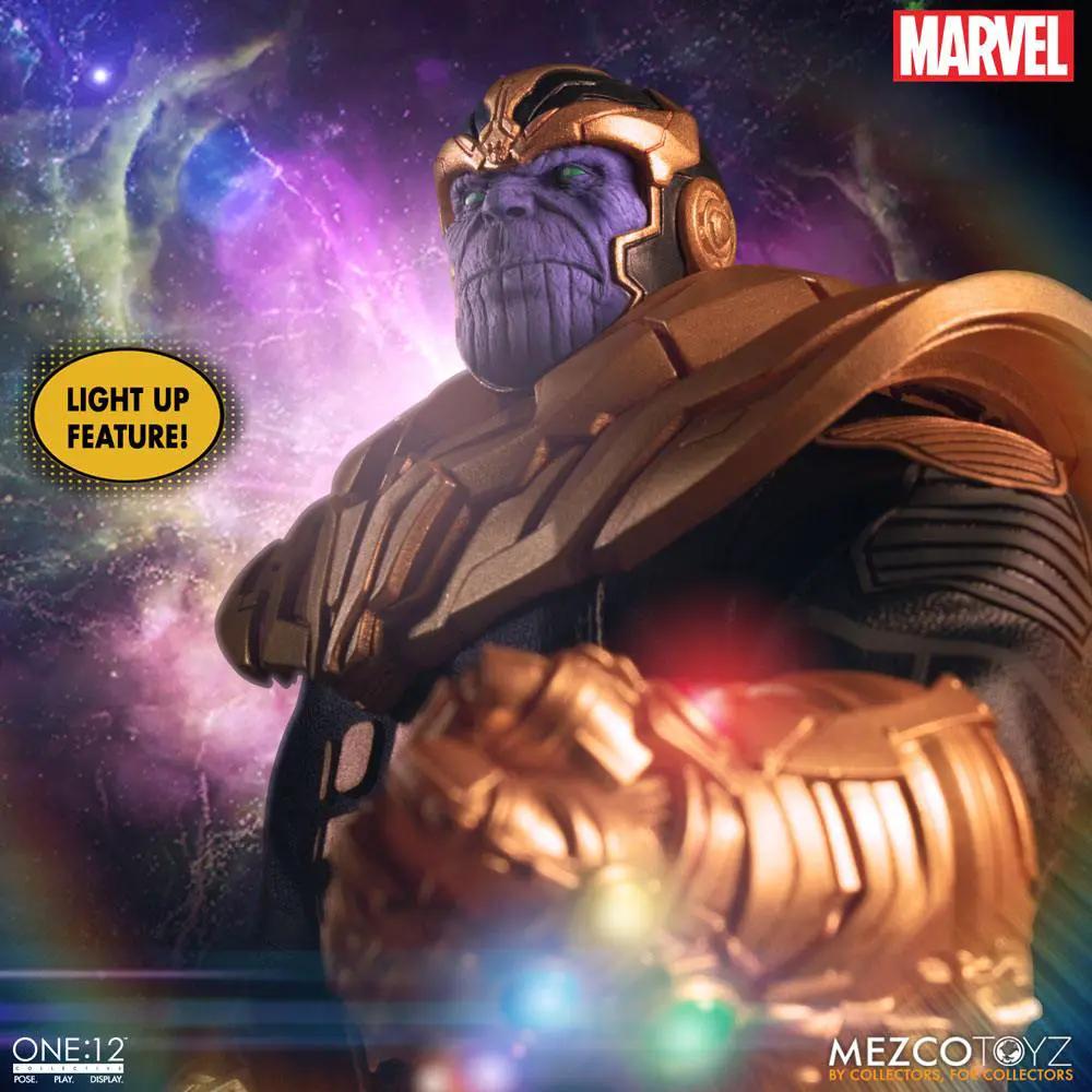 Figura de acción Thanos 1/12 con luz, 21 cm, Mezco Toys, Marvel Universe, logo Marvel visible