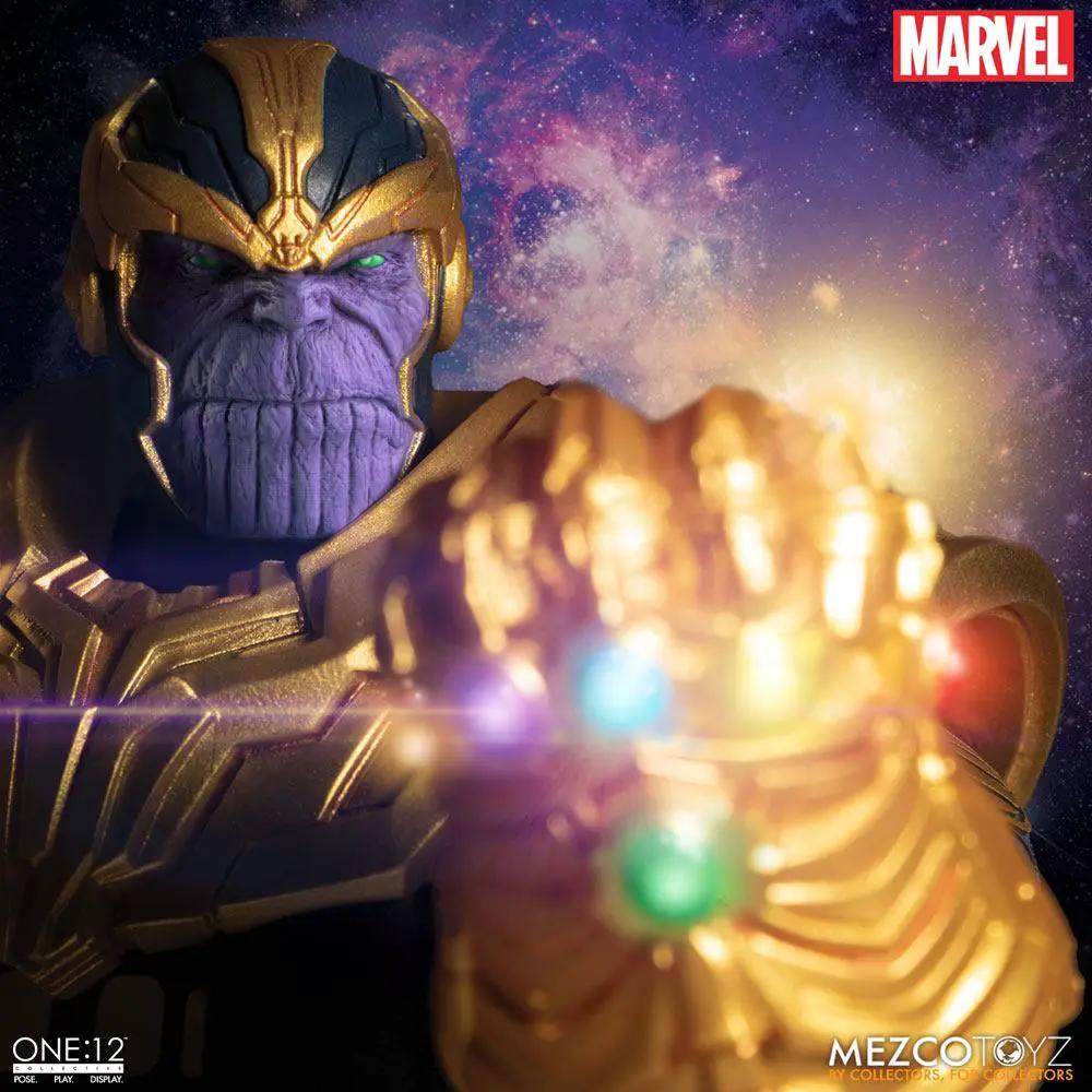 Figura de acción Thanos 1/12 con guantelete iluminado, 21 cm, MEZCO TOYS, Marvel Universe