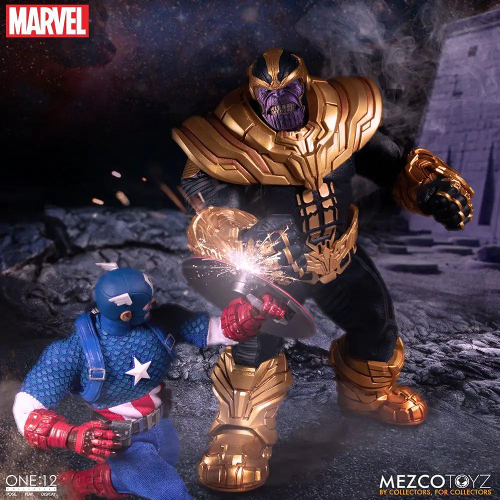 Figura de acción Thanos 1/12 con luz, Mezco Toys, Marvel Universe; junto a Capitán América