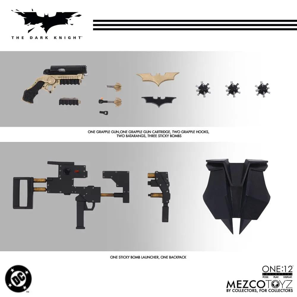 Figura de acción Batman 1/12, 17 cm, Mezco Toys, El Caballero Oscuro, con accesorios y armas