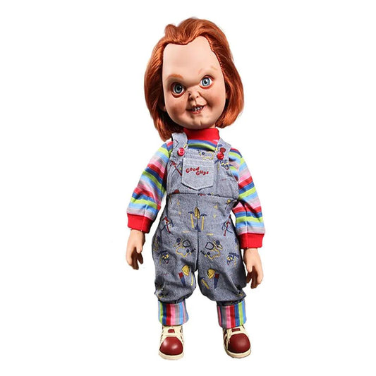 Muñeca Chucky diabólico con sonido, 38 cm, overoles de mezclilla gris con mangas multicolor rayadas.