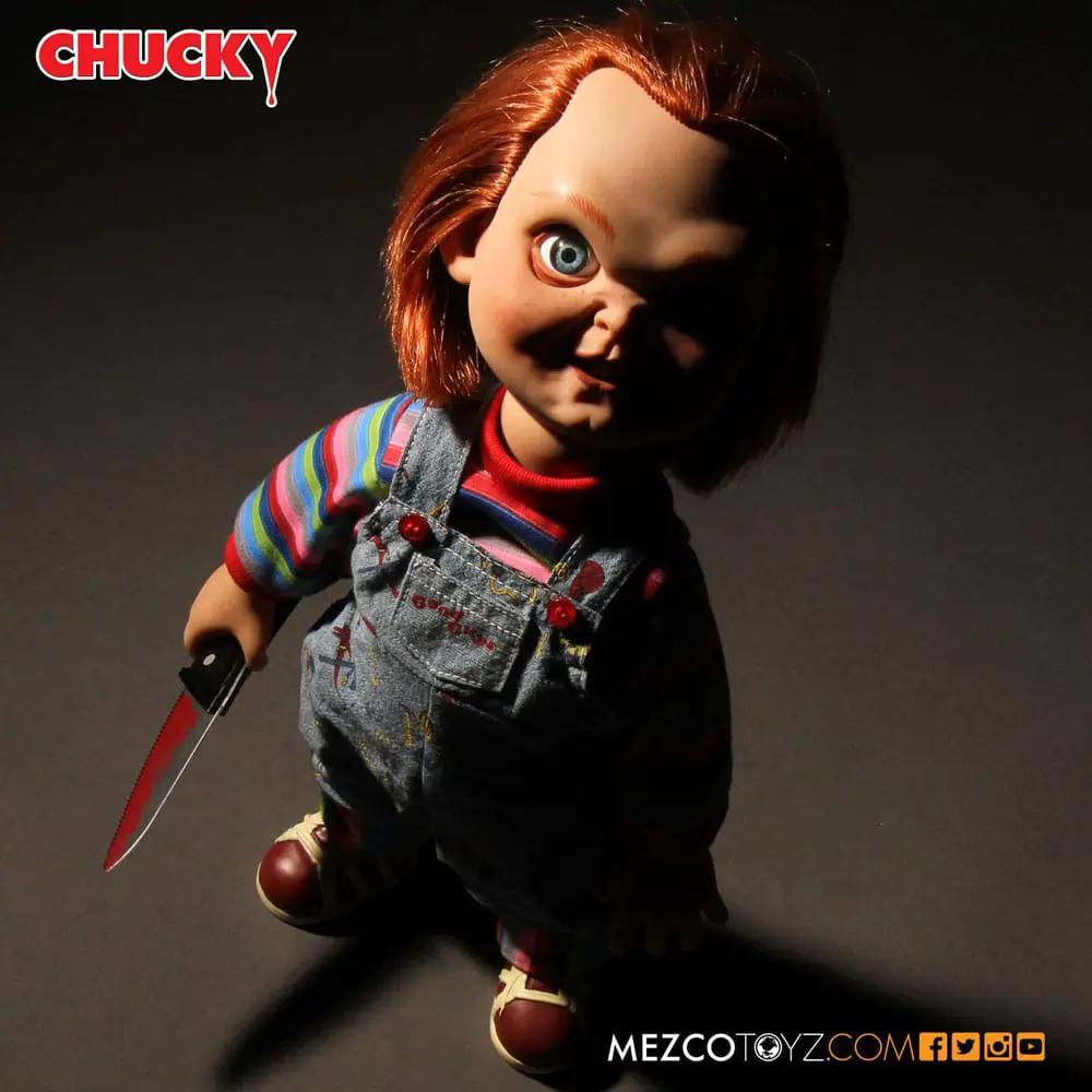 Muñeca Chucky diabólico de MEZCO TOYS, con sonido, 38 cm, vestida con overoles y camiseta a rayas, sostiene cuchillo