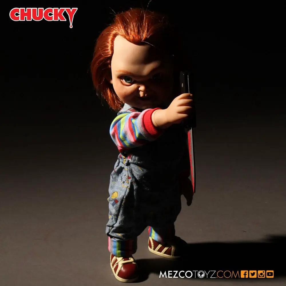Muñeca Chucky diabólico con sonido, 38 cm, de MEZCO TOYS; vestida con overoles y camiseta a rayas, sosteniendo un cuchillo.