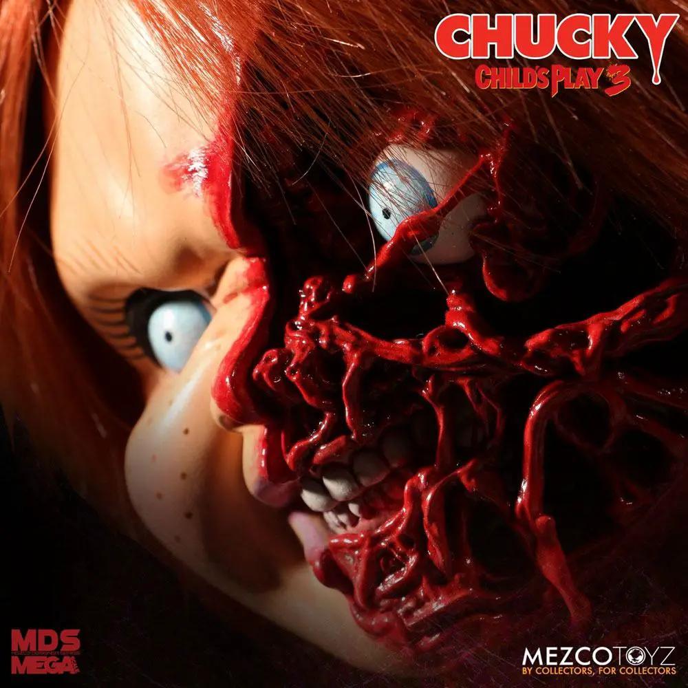 Muñeca Chucky diabólico de MEZCO TOYS, 38 cm, Designer Series Pizza Face con rostro desfigurado y sangre roja