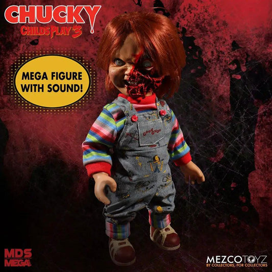 Muñeco Chucky diabólico 38 cm de Mezco Toys, figura Mega con sonido, Pizza Face, overoles denim y camiseta a rayas.