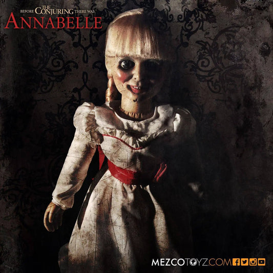 Annabelle replica doll, 46 cm, white dress with red sash, Mezco Toys