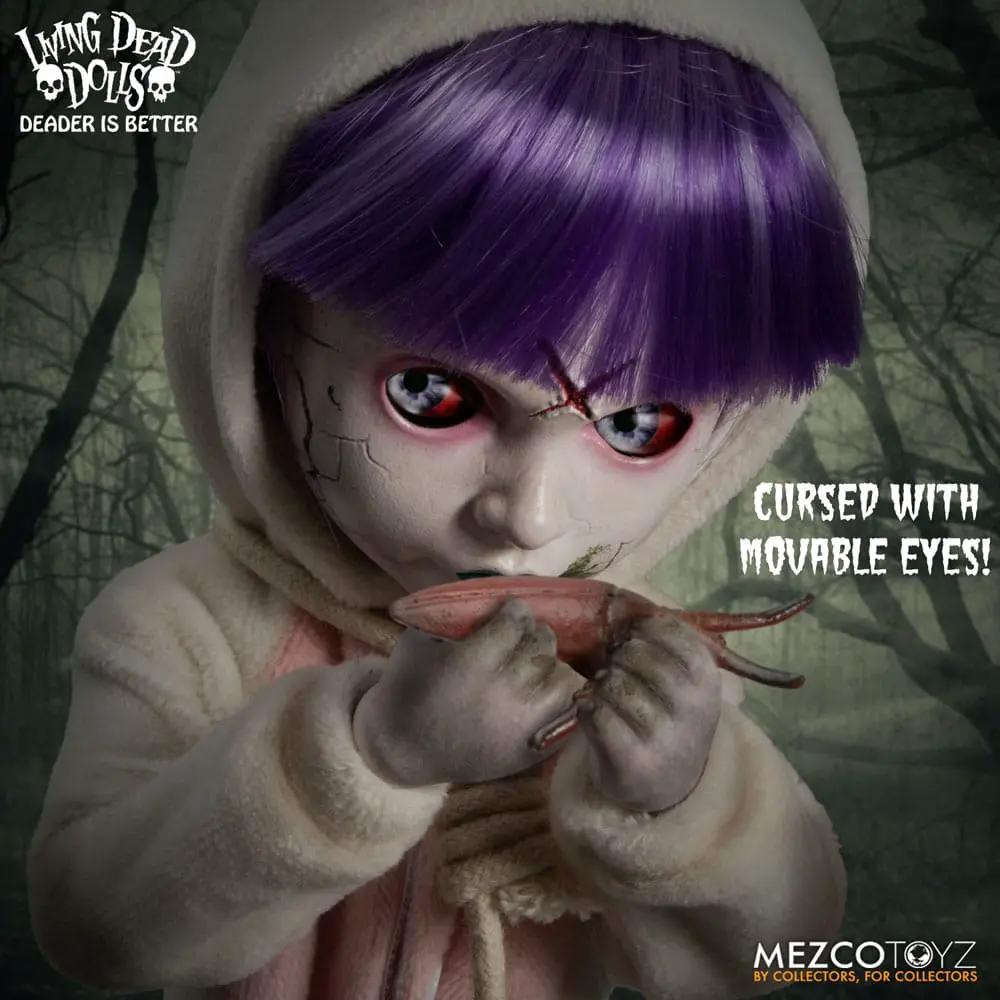 Living Dead Dolls Eggzorcist 25 cm muñeco de MEZCO TOYS con cabello morado, capucha beige y rostro pálido con grietas