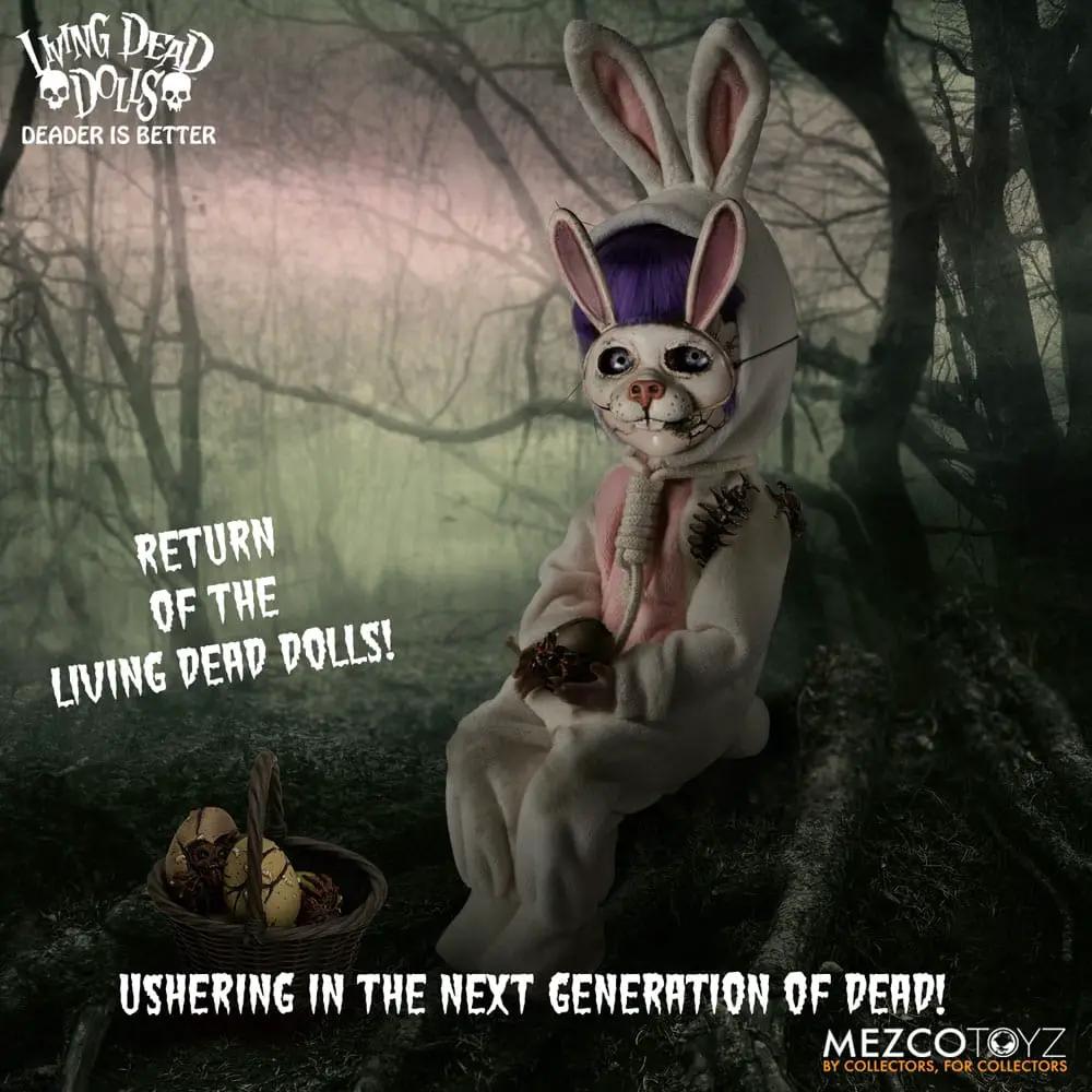 MEZCO TOYS Living Dead Dolls Muñeco Eggzorcist 25 cm, white bunny costume doll with purple hair and stitched face