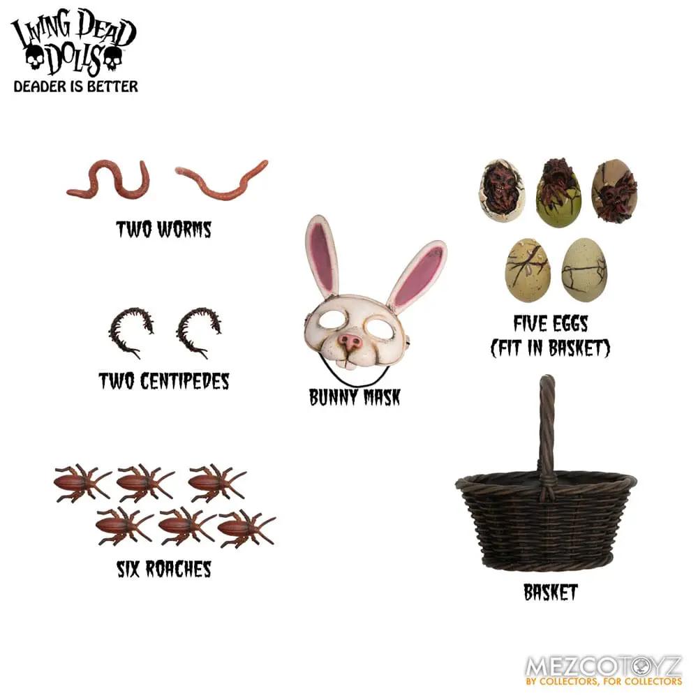 Living Dead Dolls Eggzorcist 25 cm doll from MEZCO TOYS; includes bunny mask, five eggs, basket, two worms, two centipedes, six roaches.