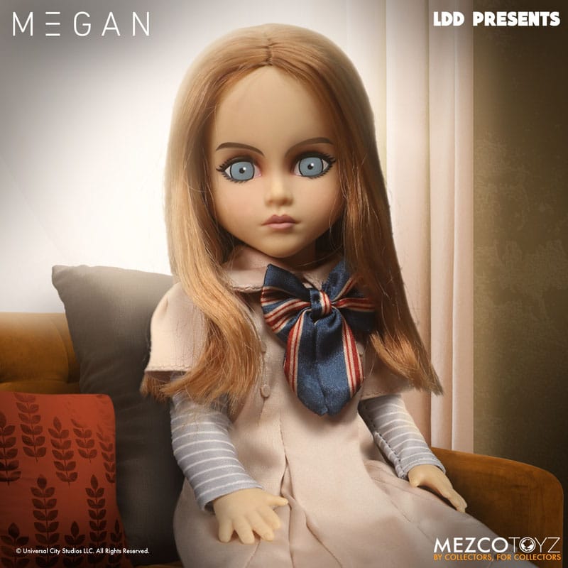 M3GAN 25 cm action figure doll by Mezco Toys, blonde hair, blue eyes, beige dress