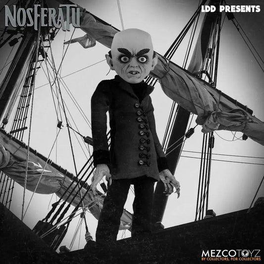 Living Dead Dolls Nosferatu 25 cm figure by Mezco Toys on a ship in a black-and-white scene.