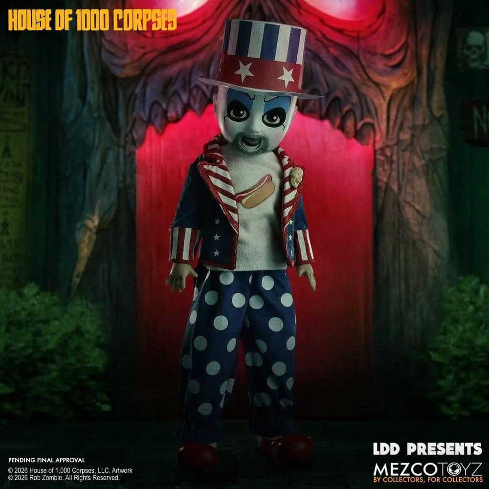 Figura Captain Spaulding, MEZCO TOYS, 25 cm; muñeco de La casa de los 1000 cadáveres con sombrero y pantalones lunares