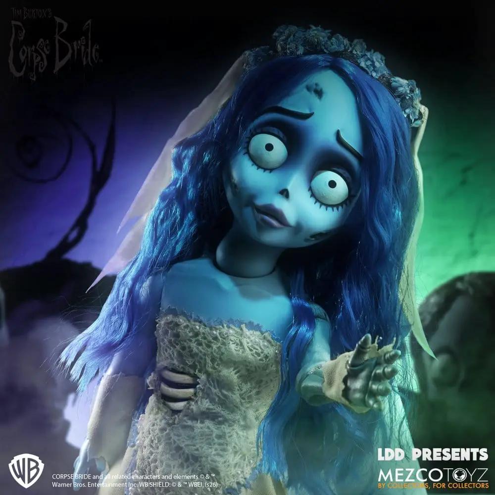 Muñeca Emily de La novia cadáver, 25 cm, MEZCO TOYS; figura azul con encaje blanco y diadema floral.