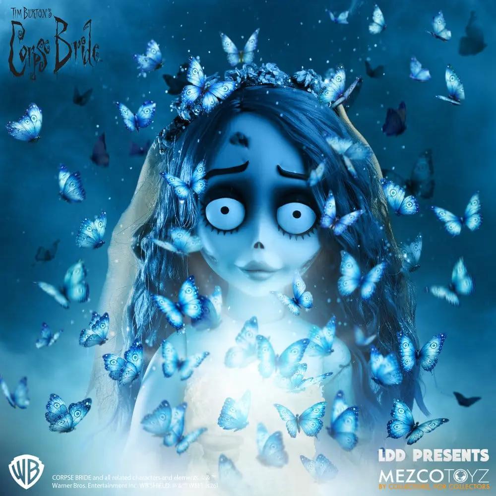 Muñeco Emily Corpse Bride de MEZCO TOYS, 25 cm, muñeca de colección con piel azul y mariposas azules.