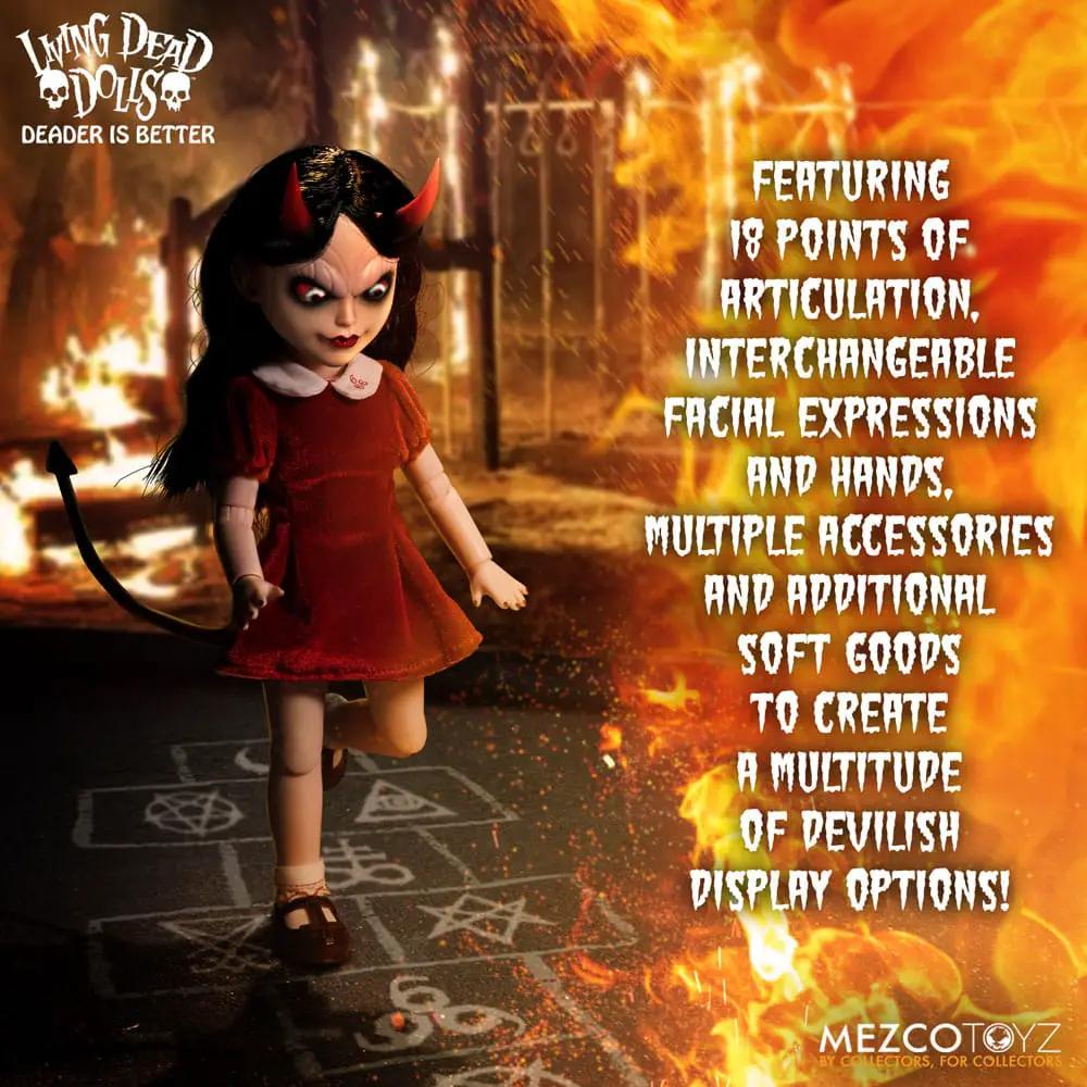 The Return of the Living Dead Dolls 25 cm figure by Mezco Toys in a red dress with devil horns, fiery background