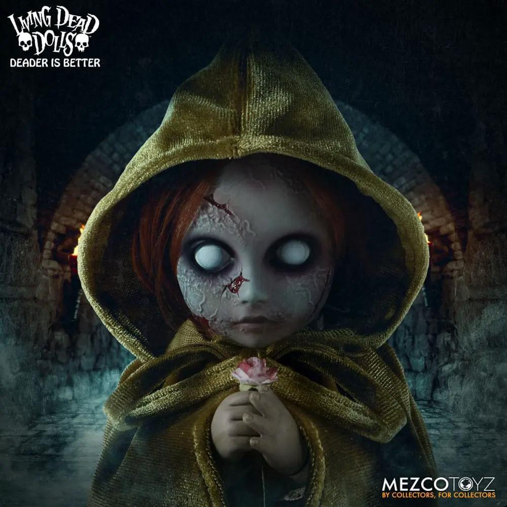 Posey doll from The Return of the Living Dead Dolls by MEZCO TOYS, 25 cm, gold hooded cloak with a pink flower.