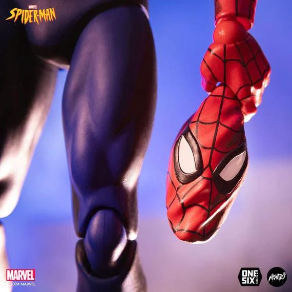 MONDO Spider-Man 1/6 action figure, 30 cm, close-up of red masked head with black web lines and partial blue arm.
