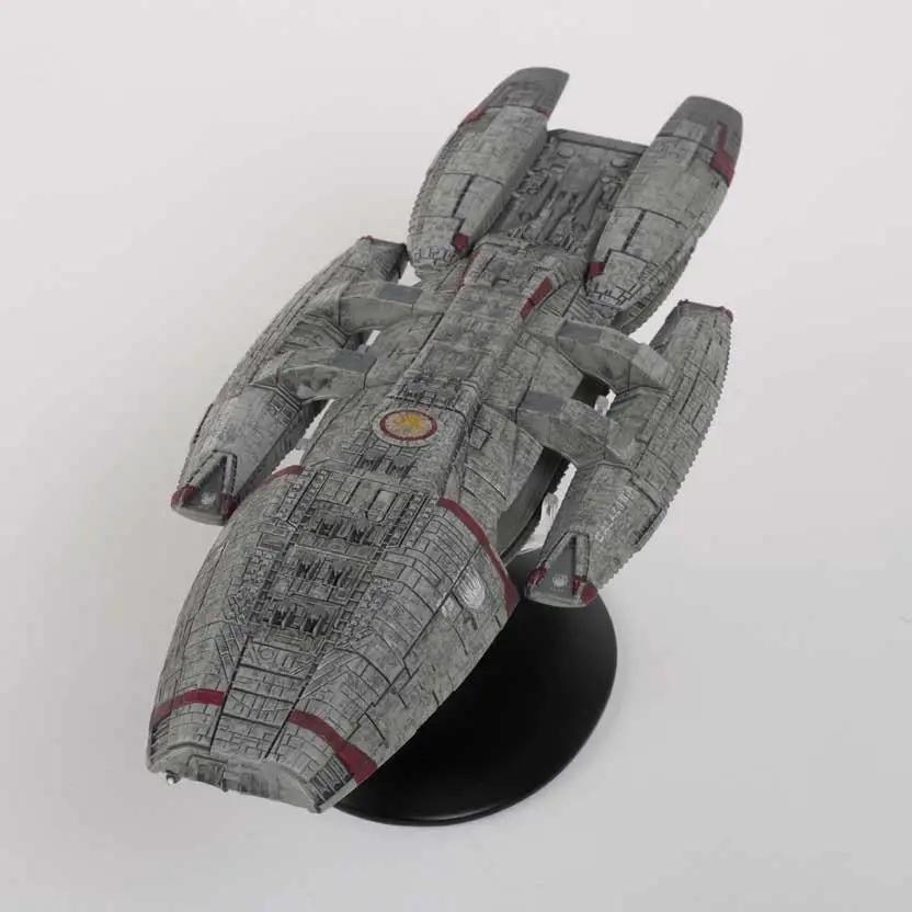 Battlestar Galactica Blood and Chrome model spaceship, 27 cm, gray with red accents by MASTER REPLICAS on a stand.
