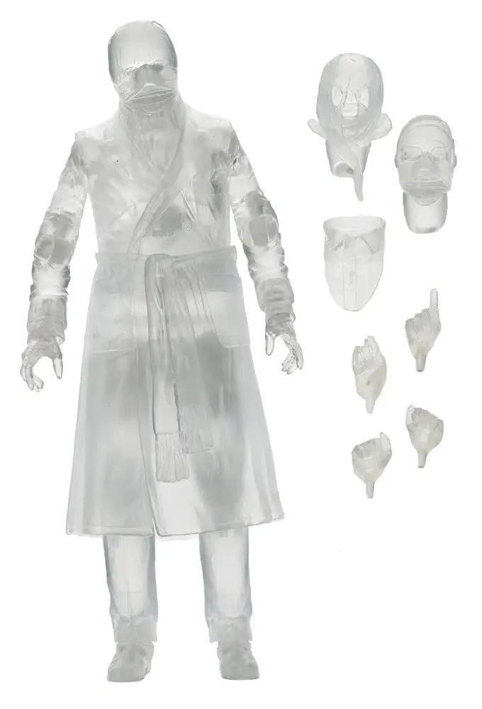 Figura de acción Universal Monsters Invisible Man de NECA, 18 cm, transparente, con accesorios intercambiables.