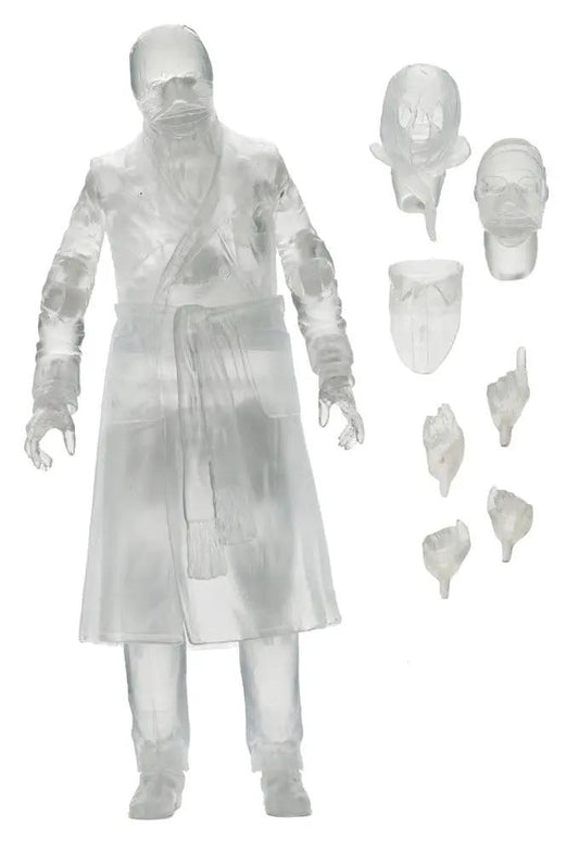 Figura de acción Universal Monsters Invisible Man de NECA, 18 cm, transparente, con accesorios intercambiables.
