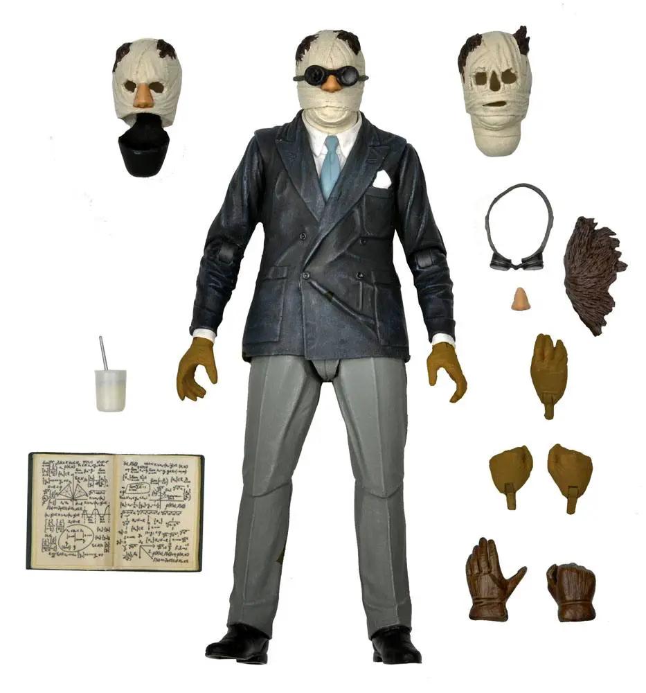 Figura de acción NECA Universal Monsters The Invisible Man, 18 cm, con cabezas vendadas y accesorios