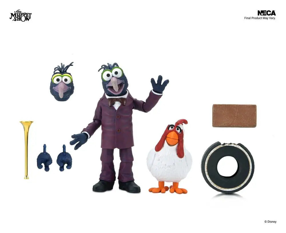 Gonzo action figure with Camilla by NECA, 18 cm, 7-piece accessory set.
