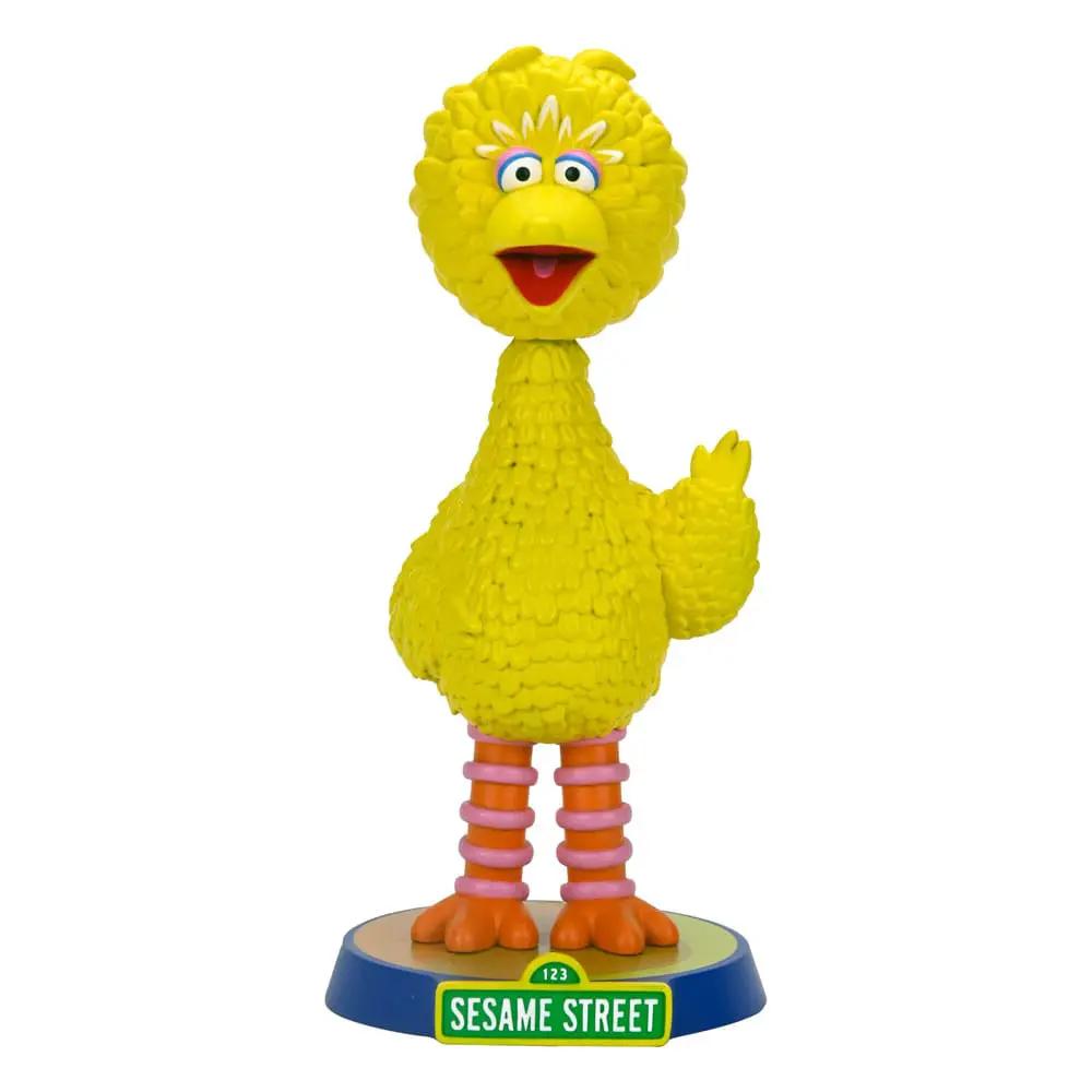 Big Bird head knocker bobblehead by NECA, yellow figure with pink leg bands on Sesame Street base, 23 cm tall
