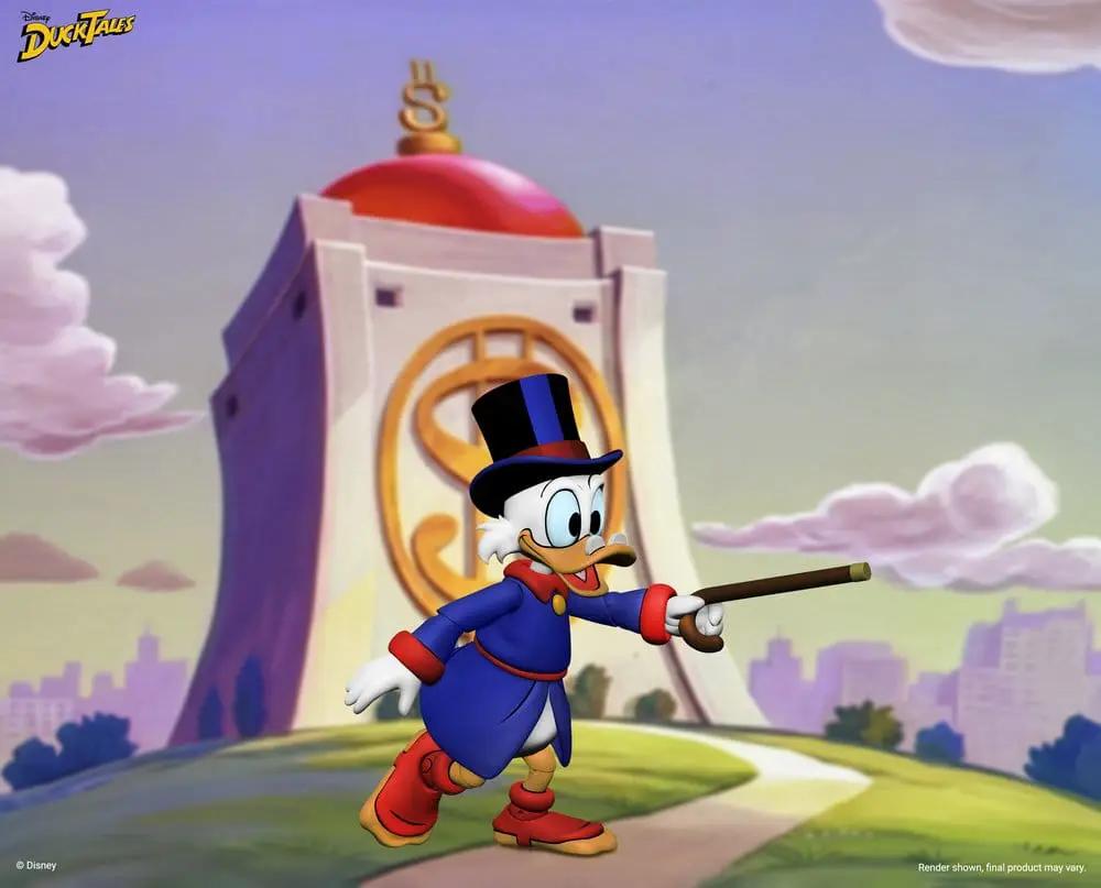 DuckTales NECA Scrooge McDuck action figure, 18 cm, blue suit, top hat, cane, Disney DuckTales backdrop.