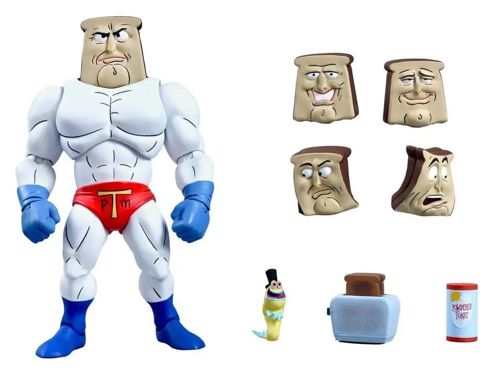 NECA Powdered Toast Man action figure, 18 cm, with 4 heads, blue toaster, banana figure and Powdered Toast can.