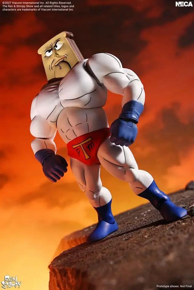 NECA Powdered Toast Man action figure, 18 cm, white muscular suit with red briefs and blue gloves.
