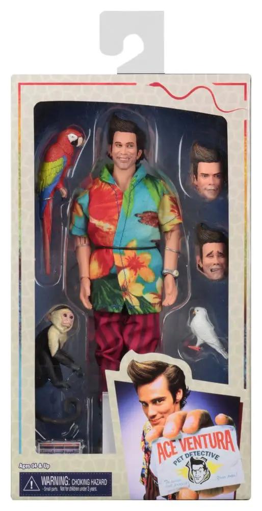 Figura de acción Ace Ventura NECA de 20 cm con traje hawaiano colorido y accesorios (loro, mono y ave blanca)