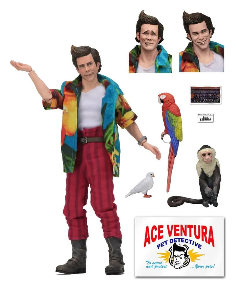 Figura de acción Ace Ventura NECA, 20 cm, con ropa colorida y accesorios: loro, paloma y mono