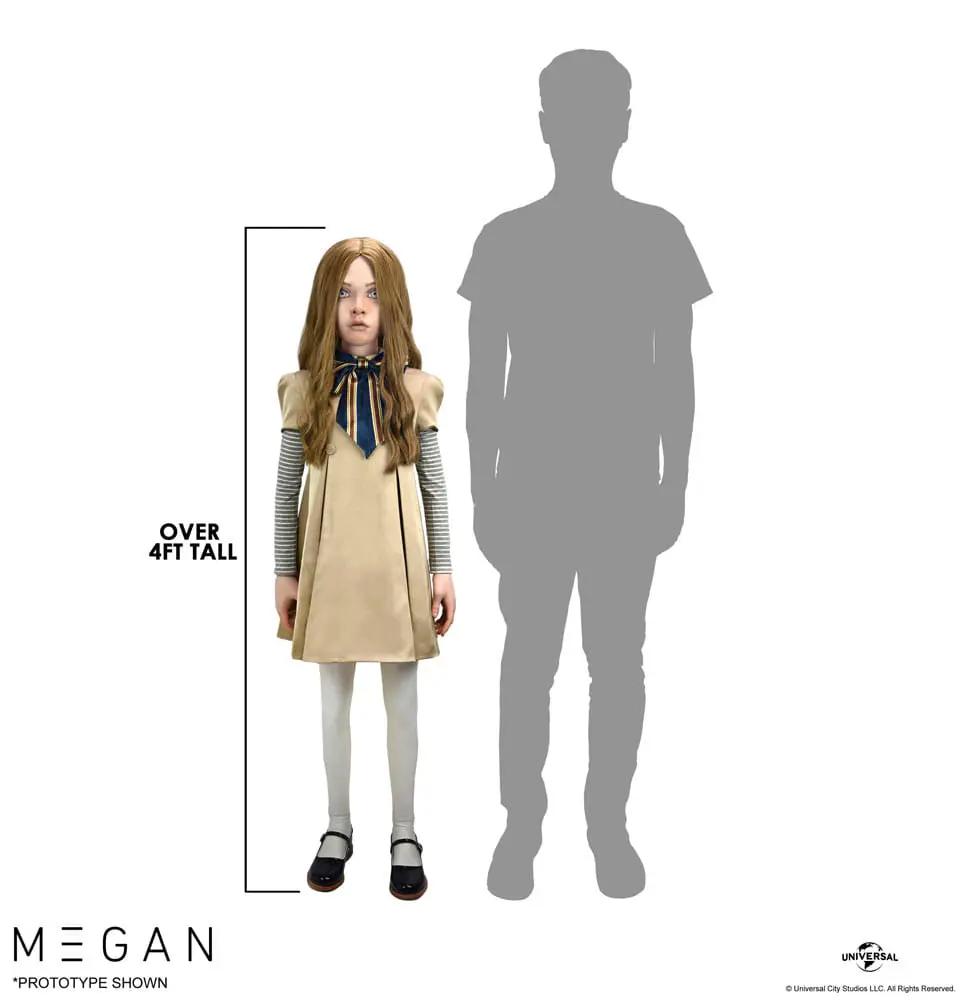 Megan 1/1 replica doll by NECA, life-size action figure in beige dress with striped sleeves and blue neck scarf