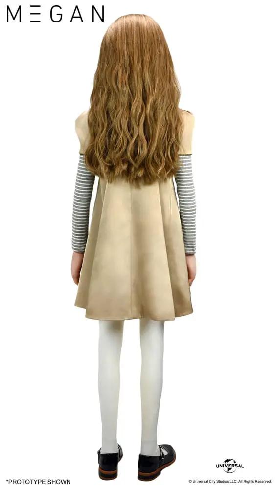 Megan 1:1 replica doll, 140 cm, back view in beige dress, striped sleeves, white tights, NECA