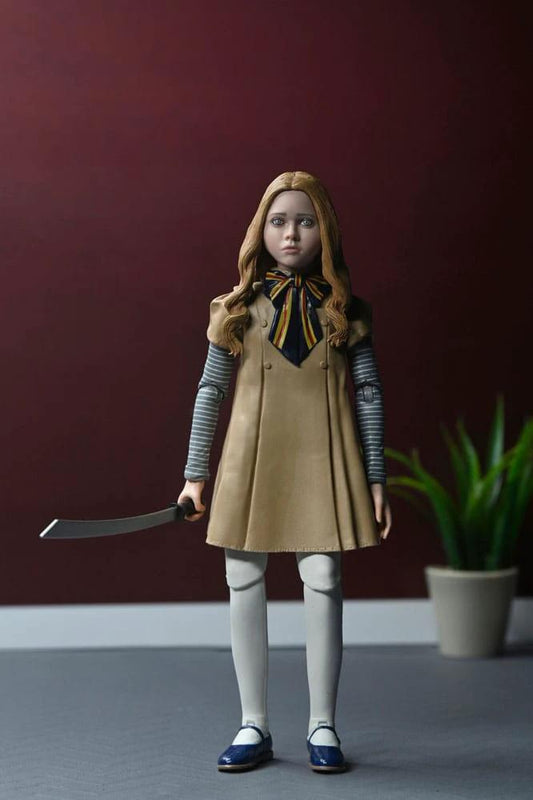NECA M3GAN 18 cm action figure; Megan Ultimate in tan coat, striped sleeves, white tights, blue shoes, curved blade.