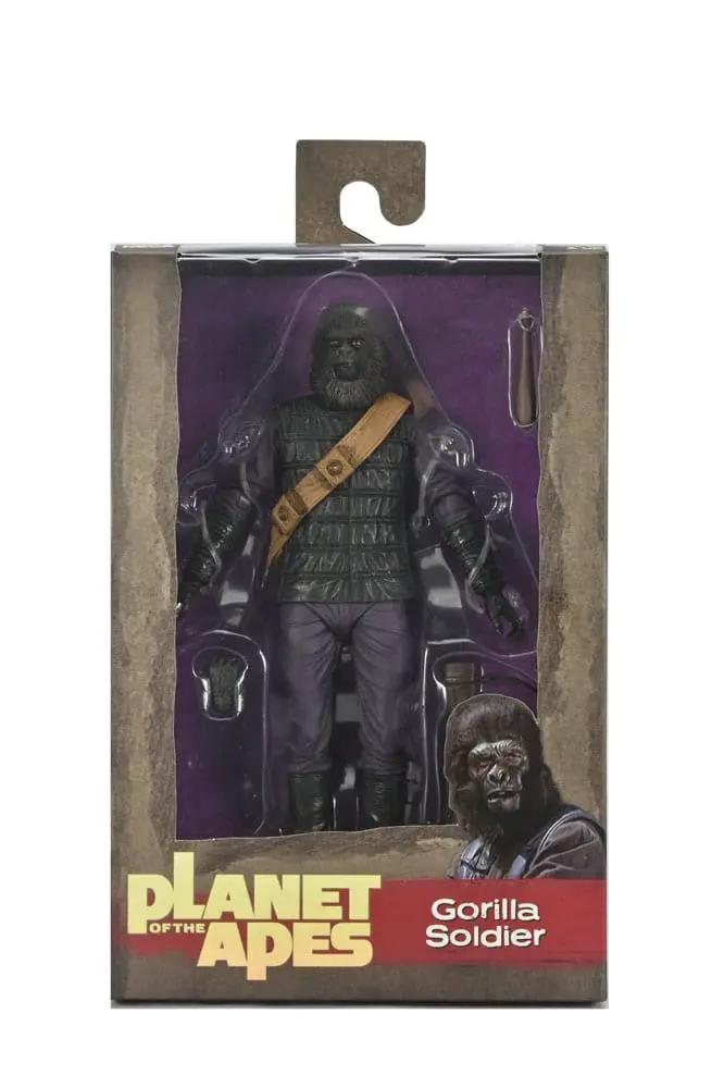 Figura NECA Gorilla Soldier de Planet of the Apes, 18 cm, en caja con fondo morado.