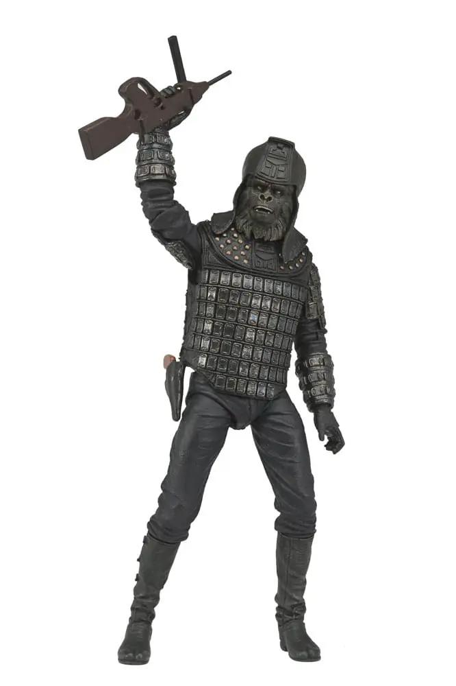 Figura NECA Planet of the Apes de 18 cm, gorila blindado con rifle levantado.
