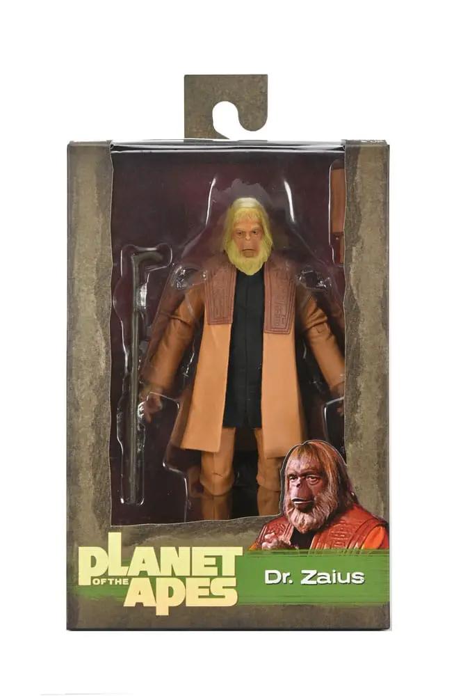 Dr. Zaius action figure, 18 cm, NECA, Planet of the Apes, boxed with tan robe and staff.