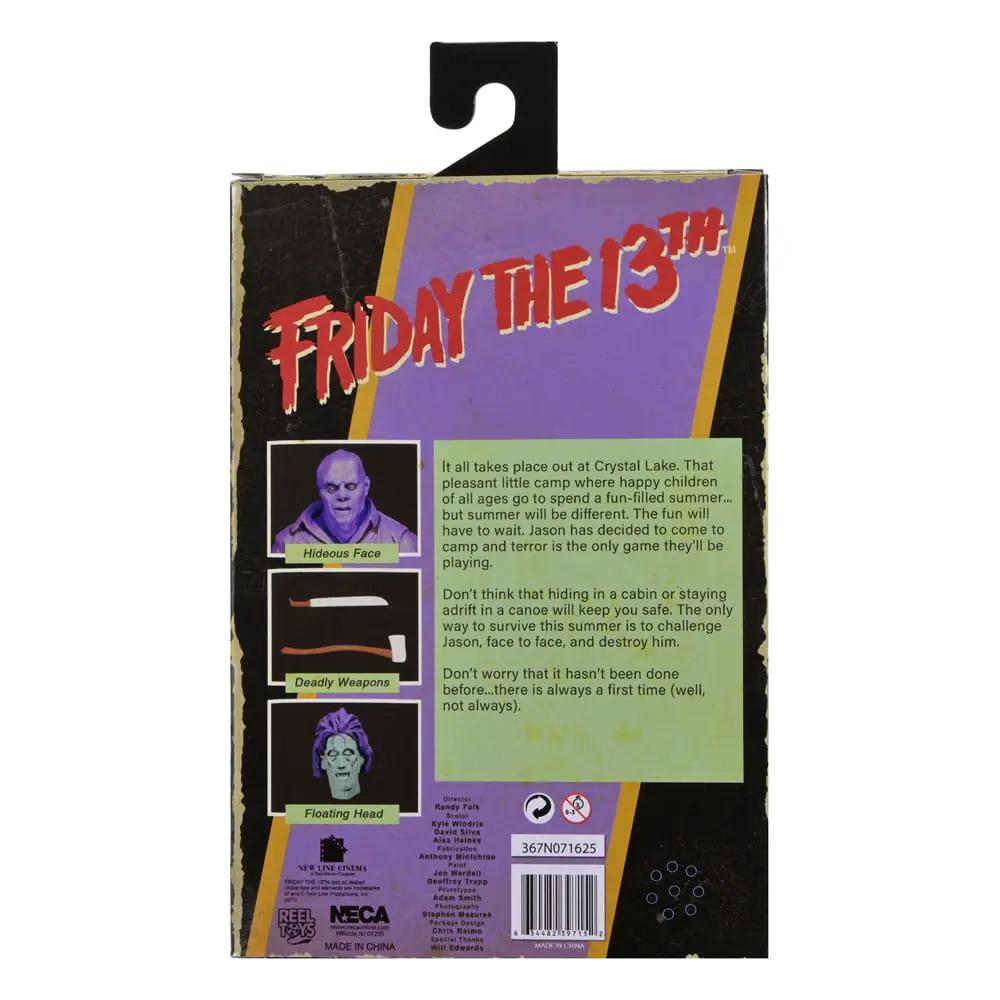 NECA Friday the 13th Jason action figure back of box with purple artwork and three inset features.
