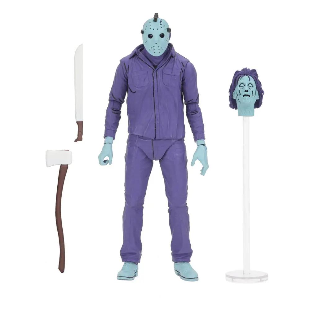 NECA Viernes 13 Jason figura de acción 18 cm; traje morado, máscara azul, con machete, hacha y cabeza en soporte.