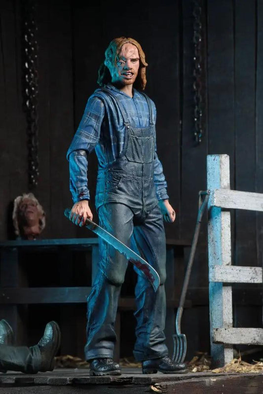 NECA Viernes 13 Parte 2 Ultimate Jason action figure, 18 cm, in blue overalls holding a bloodied machete
